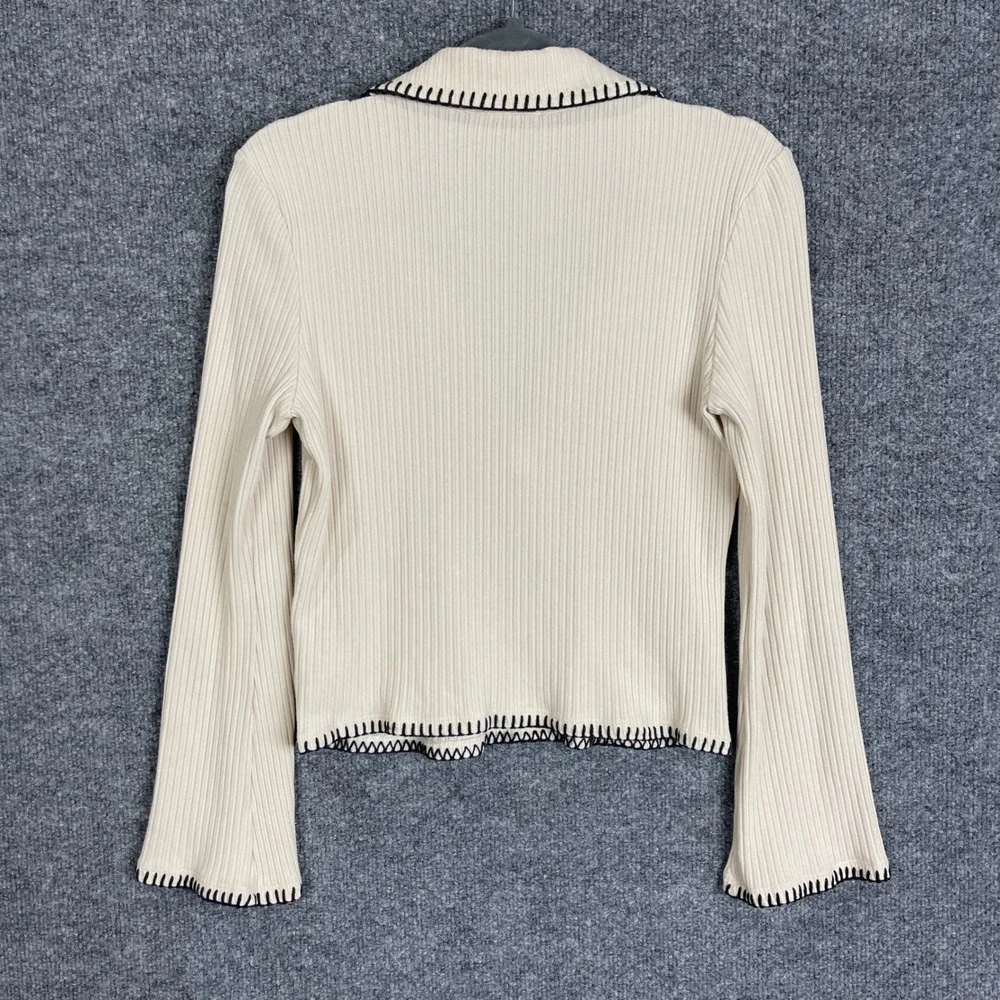 Reformation Nolen knit Ribbed Top Medium Beige Excellent Blanket Stitch V-Neck